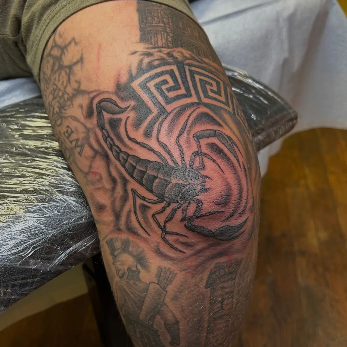 Black-and-grey sleeve tattoo