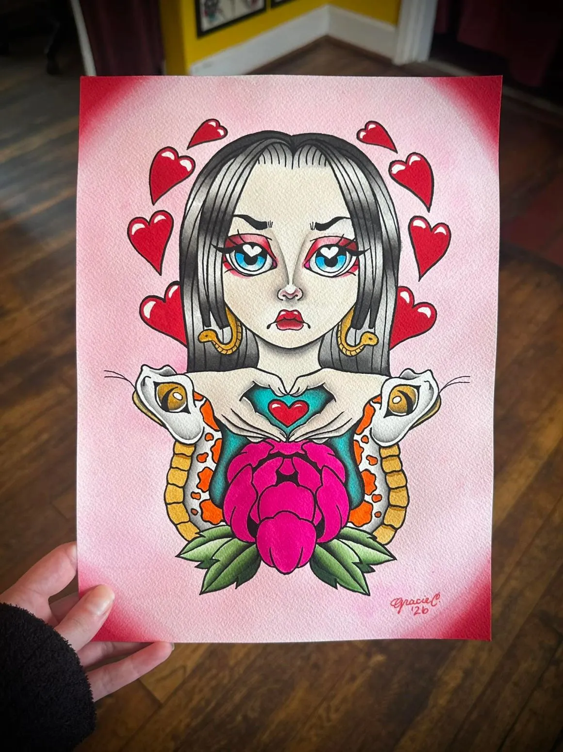 Neo-traditional color portrait with roses